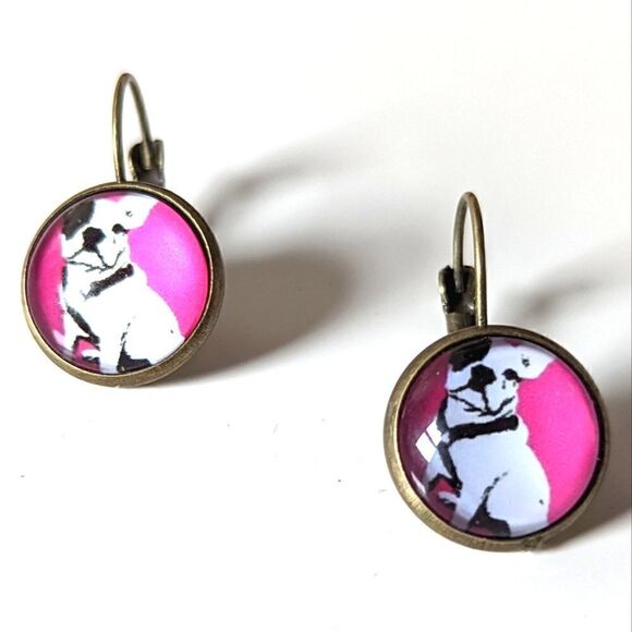 Bulldog Design Dog Print Round Fashion Earrings - Picture 1 of 7